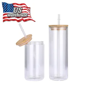 Wanto USA Warehouse eco friendly double wall sublimation beer can glass cup with bamboo lid and straw