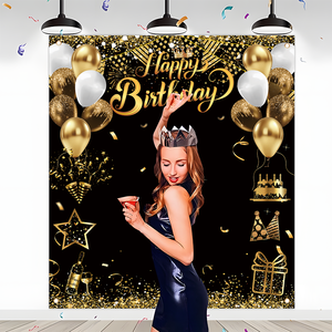 Imprimé personnalisé 5.9x6.5ft <span class=keywords><strong>anniversaire</strong></span> toile de fond mur Portable Polyester bannière noir or pour la photographie Photo toile de fond fête - Product Image 3