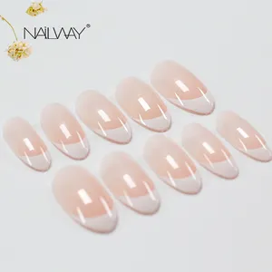 Hot Factory Pink Stiletto French Nails Manicure New Water Drop Press On Nail Almond Medium Length French Fake Nails 2020