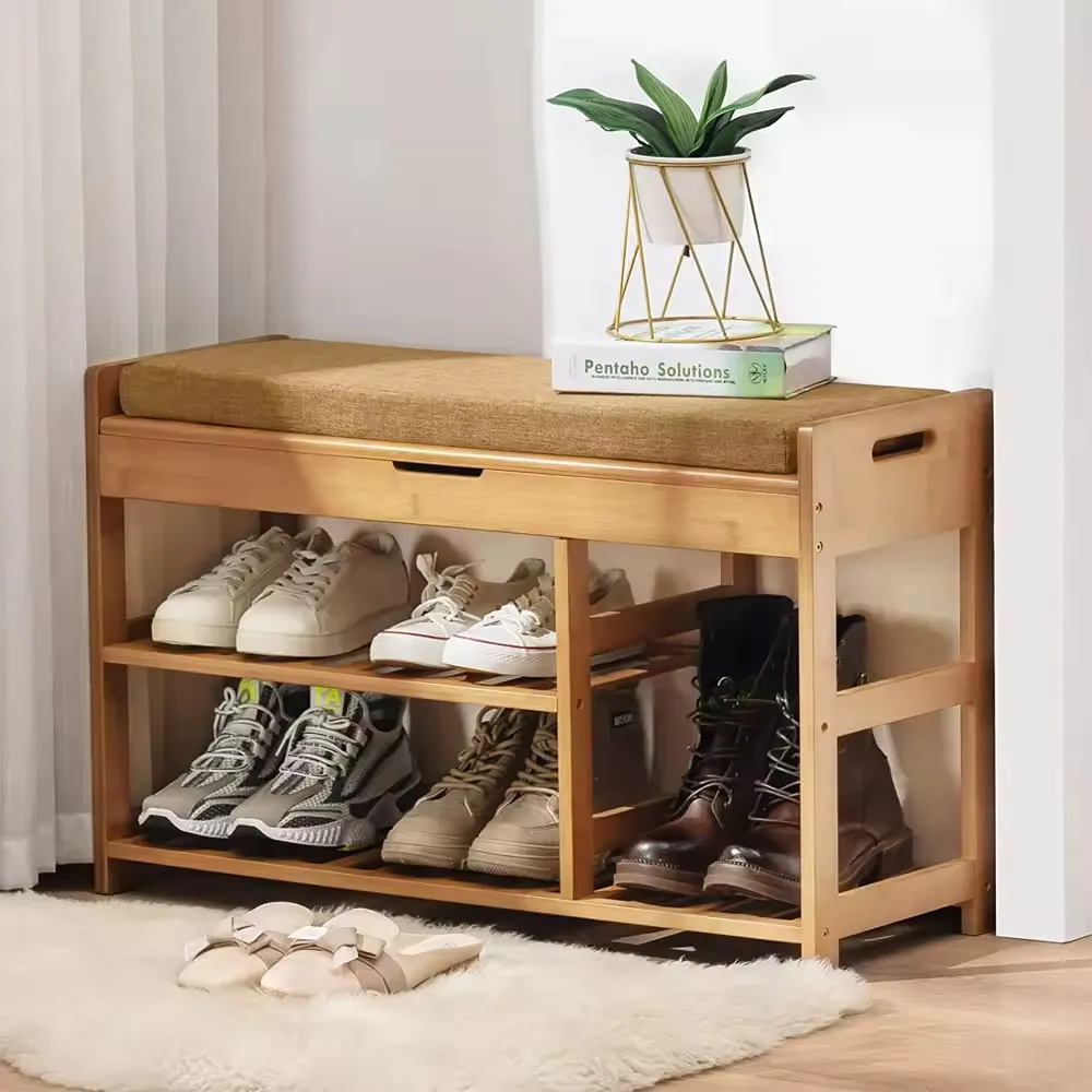 OWNSWING 2-Layer Living room Bamboo Shoe Rack Bench Shoe shelf Closet Space Save Storage Wooden Shoes Storage Box