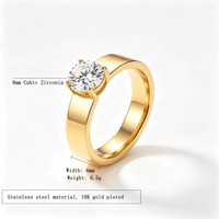 Großhandel Edelstahl 8mm Zirkonia-Ring Golden 6mm Breiter Bandring Runder Solitär-Krallenfassung Sofort Lieferbar Damenschmuck