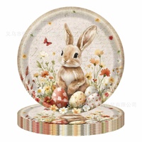 Ensemble de vaisselle jetable pour fête de Pâques, design rétro pastoral avec lapin et œufs colorés, assiettes en papier, serviettes