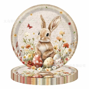 Platos y Servilletas de Papel con Diseño de <span class=keywords><strong>Huevos</strong></span> Coloridos de Conejo Estilo Pastoral Retro, Juego de Artículos Desechables para Fiesta de Pascua - Product Image 3