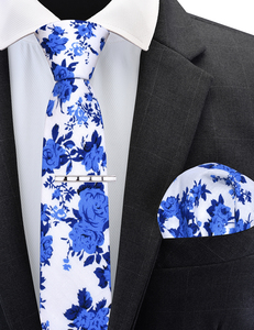 Großhandel Herren Baumwolle gedruckt Blumen Skinny Neck Krawatten 6cm Krawatte mit Pocket Square Hanky Tie Clip Set - Product Image 2