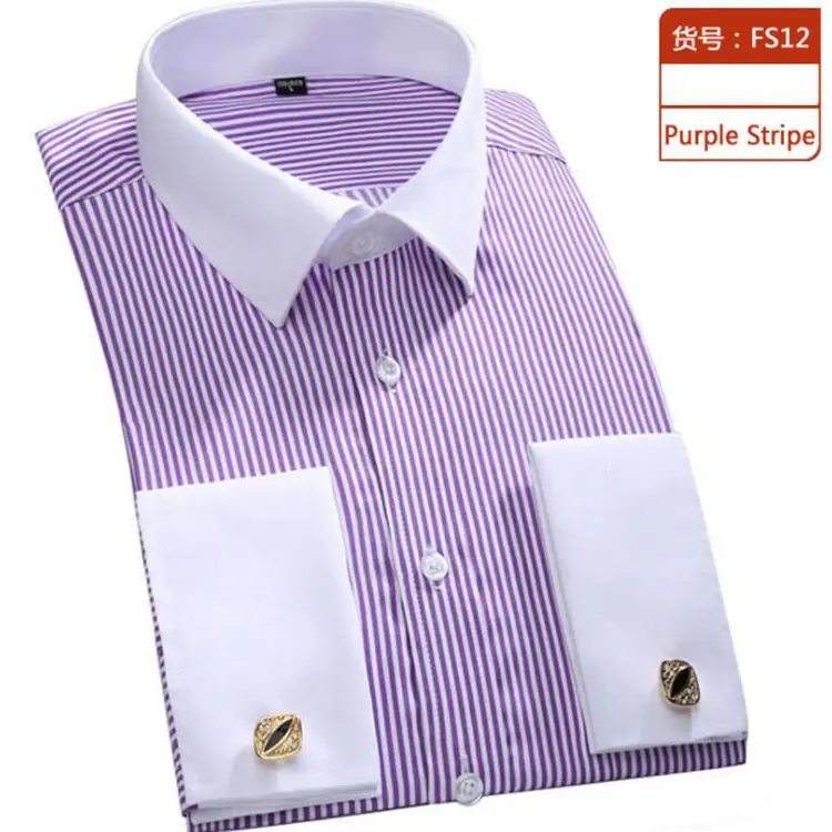 Autumn Formal Mens French Cuff Dress Shirt Casual Men Long Sleeve Solid Striped Style Size M-6XL Men's Shirts