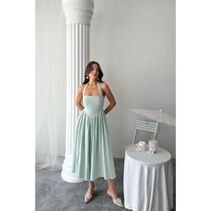 Vestido de Lino con Cuello Halter Color Menta, Corte en A, Cintura Natural, Transpirable, Ropa Casual - Product Image 6