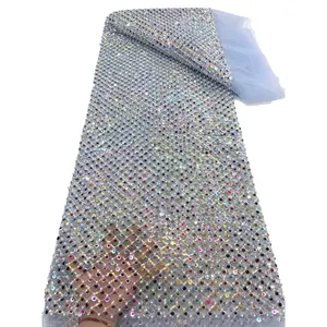 HFX tela de encaje de novio francés 2024 encaje de alta calidad tela de encaje de malla nigeriana de lentejuelas africanas cosida para vestido de fiesta de boda