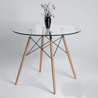 Ensemble de table de salon de luxe table basse ronde en verre trempé transparent avec pied en bois de hêtre