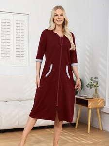 <span class=keywords><strong>Peignoir</strong></span> long <span class=keywords><strong>zippé</strong></span> en coton respirant pour femme, idéal pour la vente directe transfrontalière, avec poches, pour la maison ou comme pyjama. - Product Image 6