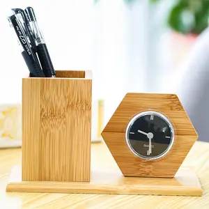 Unique stylish office custom fancy container digital table clock with pen holder for kids wood bamboo desk ornament decoration