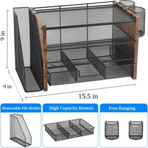 Iron And Wood <b>Storage</b> Rack 4 Tier <b>File</b> Organizer With Pen Holder Desktop Multi Layer Shelf Office Organizer - Product Image 5