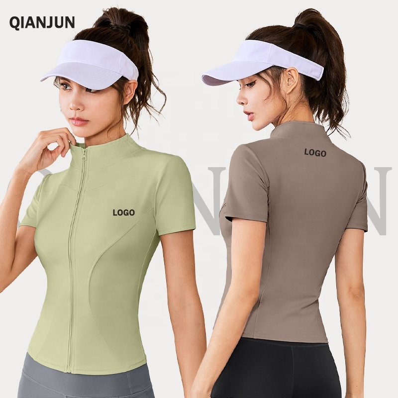 High Stretch Breathable Quick Dry Women's Sports Jacket Nude Seamless Fitness Short Sleeved Stand Collar Tight Fitting Yoga Top