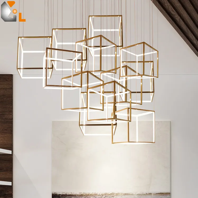 Aanpasbare Lantaarnpaal Modern Geometrisch Vierkant Staal Licht Moderne Gouden Kroonluchters Hanglampen Voor Hanglamp Met Een Hoog Plafond
