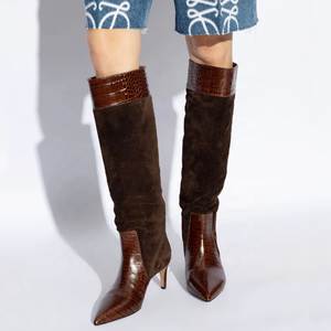 Big Size 46 Suede Leather Patchwork Long Booties Wide Fit Low Heels Shoes Women's Pointed Toe Stone Print Knee High <b>Boots</b> - Product Image 1