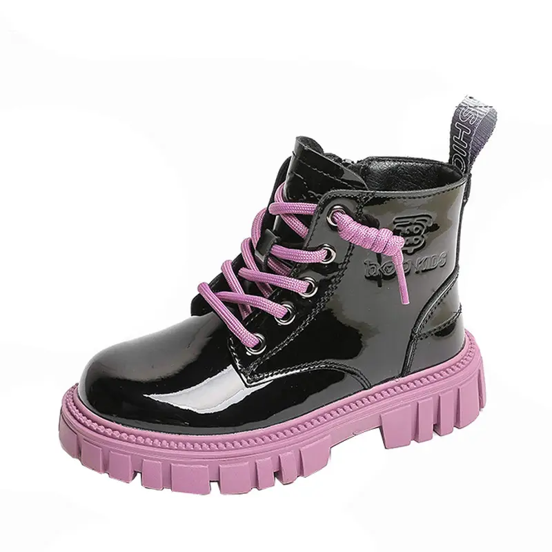 Fashion Design Winter Fall Kids Plush Shoes Brand Little Girls Children's Black Leather Motorcycle Ankle Martin Boots