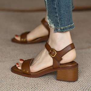 Vintage Chunky Heel Sandals Women Mid Heel Magic Strap Open Toe Backless <b>Soft</b> Leather <b>Shoes</b> - Product Image 5