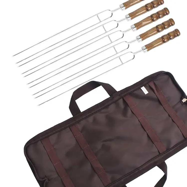 16.5 Inch Double Stainless Steel Kabobs BBQ Stick Wooden Handle Grilling Thickened Bbq Skewer With Portable Bag