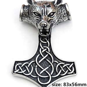 Wholesale 316L Stainless Steel Large Pendant Biker Men Nordic Viking Jewelry Gold Plated Thor Hammer Wolf's <b>Head</b> Religious <b>Style</b> - Product Image 3