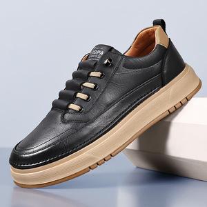 Baskets décontractées pour hommes en cuir véritable à bout rond, à lacets, à plateforme, semelle épaisse, résistantes à l'abrasion, style chunky, collection automne - Product Image 3