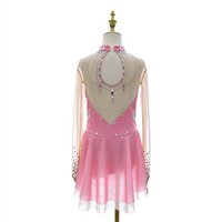 Robe de patinage et de danse rose pour enfants et adultes, col halter, manches longues en maille, dos découpé avec strass, pour compétition et spectacle de patinage sur glace
