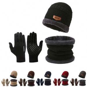 Ensemble trois pièces en laine douce tricotée pour l'hiver, couleur unie, bonnet chaud de luxe, gants, chapeau et écharpe pour homme et femme - Product Image 3