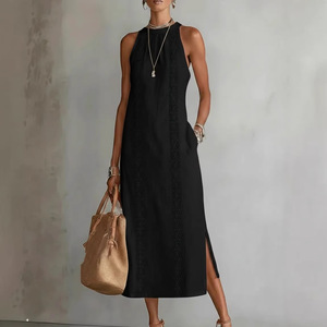 Vestido midi sin mangas para mujer, estilo halter, con encaje y patchwork, línea A, para vacaciones, Dropshipping Shopify, primavera. - Product Image 6