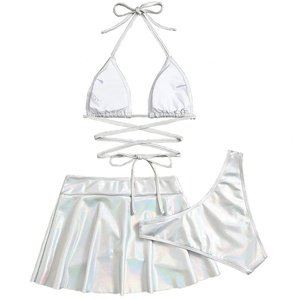 Conjunto de Bikini de Lujo Personalizado de 3 Piezas para Mujer, Traje de Baño Metálico con Falda Triangular para Fitness - Product Image 1