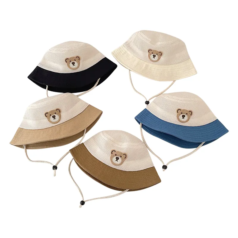 Chapeau d'été pour bébé avec protection UV Casquette de soleil Cartoon Small Bear Mesh Bucket Hats for Girls Boys Kids Beach Accessories Items 2-4 Years