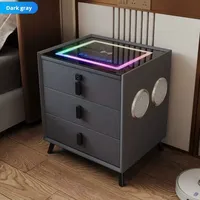 Table de Chevet Moderne Simple en Bois avec Lumière LED, Audio Bluetooth Intelligent et Double Chargeur Sans Fil pour Chambre et Salon