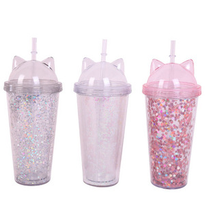 O269 Gelas Kartun Sequin Kreatif Twinkl Dinding Ganda untuk Kopi Teh Minuman Mug dengan Telinga Kucing Sedotan Plastik Sekali Pakai - Product Image 1