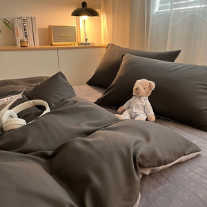 Set <span class=keywords><strong>Letto</strong></span> Minimalista Tinta Unita a Doppio Strato, Copripiumino Traspirante con Superficie Liscia + Fodera in Velluto Caldo, Kit Copripiumino per la Casa - Product Image 2