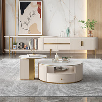 Ensemble de Tables Basses et Meuble TV en Bois, Design Moderne et Luxueux avec Piètement Doré et Verre, Meubles Personnalisés pour Salon, Idéal pour Entrepôts et Ateliers