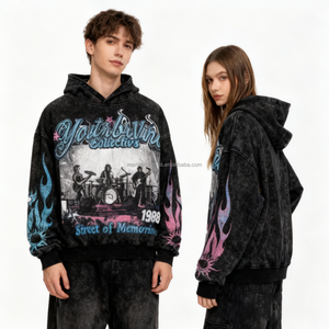 厂家复古连帽衫厚套头衫仿旧酸洗亮片卡通图案定制男女通用DTG印花街头风格 - Product Image 1