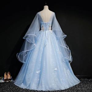 Sky Blue Ball Gown Evening Dress O-Neck Empire Waist Floral Print Puffy Skirt Student Art Exam Performance Costume - Product Image 3
