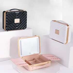 Personalizar Portátil Viagem Inteligente Dobrável Touch Screen Pu Cosmetic Vanity Case Armazenamento Maquiagem Organizer Box Com Led Light Mirror