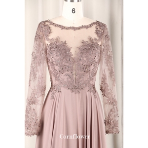 妈妈新娘现代咖啡色雪纺裙加大码长袖全背勺领刺绣串珠亮片晚装 - Product Image 4