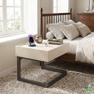 Mesa <span class=keywords><strong>de</strong></span> <span class=keywords><strong>Noche</strong></span> con Cuerpo Blanco Crema y Base Metálica <span class=keywords><strong>Negra</strong></span> en Forma <span class=keywords><strong>de</strong></span> C, Estilo Moderno y Glamuroso, Mesa Auxiliar <span class=keywords><strong>Flotante</strong></span> con Cajón para Dormitorio - Product Image 5