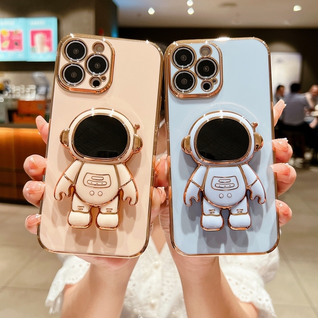 Luxury 3D Astronaut Folding Stand Holder Plated Phone Case for iPhone 16 15 14 13 12 11 Pro Max Mobile Phone Cases