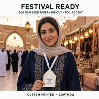 Badge culturel personnalisé en papier semence, passe de festival héritage plantable avec accents en feuille d'or pour événements culturels aux EAU, faible MOQ