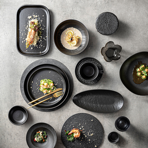 Assiettes de service rondes noir mat vaisselle de table en porcelaine design moderne vaisselle de cuisine fine restaurant hôtel vaisselle logo personnalisé plats - Product Image 6