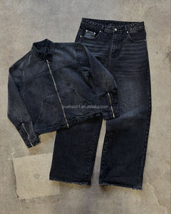 Conjunto vaquero de dos piezas personalizado lavado ácido con cremallera conjunto de chaqueta y pantalones vaqueros conjunto de 2 piezas de estilo japonés en bruto Selvedge Jeans trajes para hombres - Product Image 1