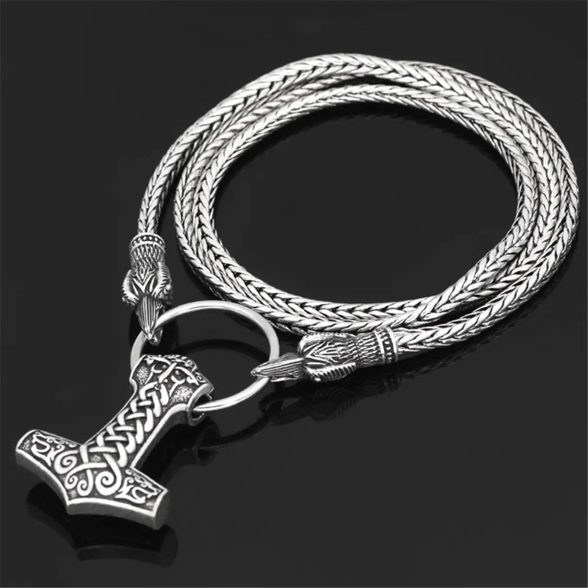 Colgante Vintage de plata para hombre, collar con cabeza de Lobo, Odin, Vikingo, martillo de Thor, MJOLNIR, regalo de joyería