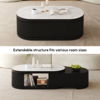 Table basse extensible AJUNION avec plateau en pierre, base en bois d'ingénierie, design cannelé, table centrale compacte pour salon
