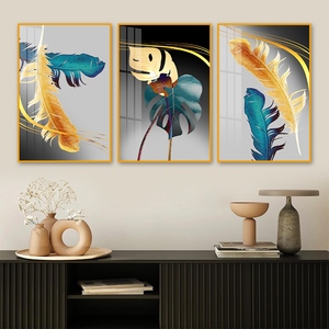 Ensemble d'<span class=keywords><strong>art</strong></span> mural en porcelaine cristalline de luxe, nature morte <span class=keywords><strong>aquarelle</strong></span>, plumes et feuilles tropicales - 3 panneaux, décoration moderne pour salon - Product Image 1