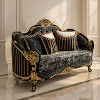 Ensemble de canapés de luxe européens noir et or à rayures, avec cadre en bois massif sculpté doré, pour villa, salon, hôtel, salle de séjour