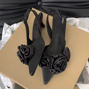 Sandales élégantes à talons fleuris pour femmes, chaussures à bout pointu et talons bas, chaussures de soirée de luxe pour femmes, talons hauts formels - Product Image 2