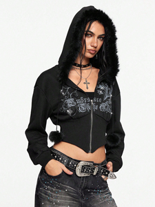 <b>Women's</b> <b>Black</b> Faux Fur Trim Cropped <b>Hoodie</b> <b>Zip</b> Up Embroidered Sweatshirt Slim Fit Casual Jacket - Product Image 3