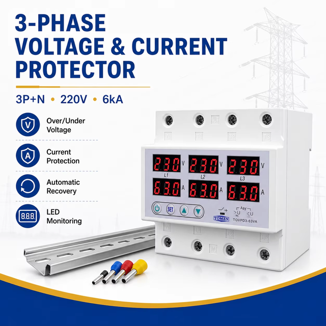 TOVPD3-63VA 3 Phase 3P+N Adjustable Voltage Current Protector 220V 6kA DIN Rail Circuit Breaker LED Display Flame-retardant