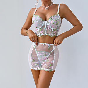 Conjunto de Lencería Sexy AS7176 con Bordado Floral, Corsé de Encaje de 3 Piezas, Ropa Interior Femenina, Vestido Transparente, Lencería Blanca - Product Image 4