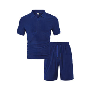 Conjunto de Polo a Rayas Transpirable de Verano para Hombre, Estilo Europeo Americano, Azul Marino, Poliéster, Ropa Deportiva Informal - Product Image 1